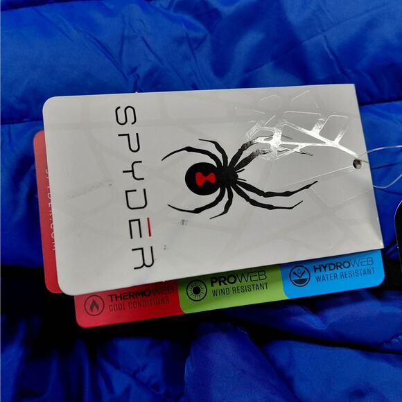 Spyder Mens Large Hooded Jacket Electric Blue Packable ThermoWeb Water Resistant - Picture 14 of 16